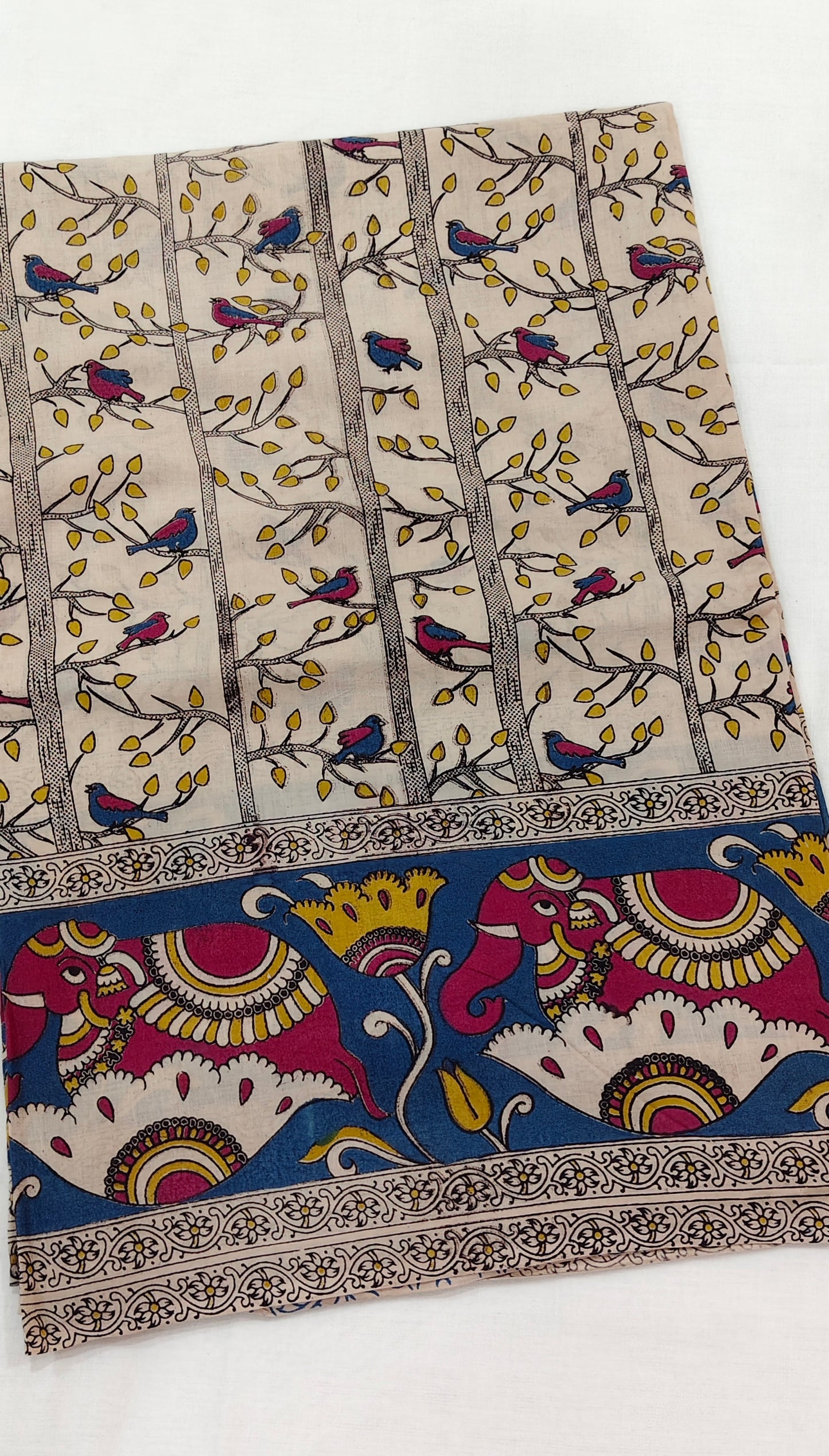 Akash-Pakhi (White & Blue Kalamkari Saree)