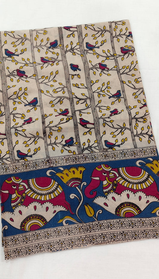 Akash-Pakhi (White & Blue Kalamkari Saree)