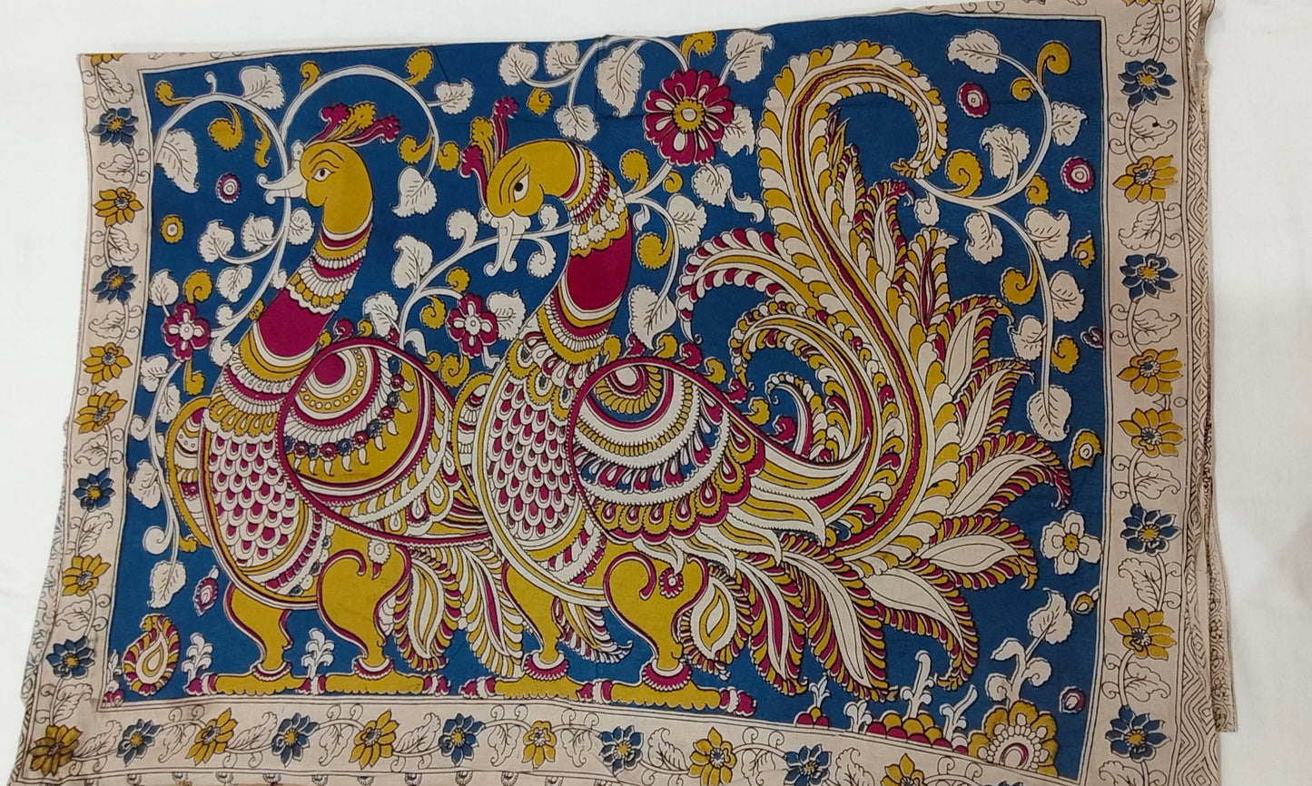 Akash-Pakhi (White & Blue Kalamkari Saree)