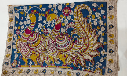 Akash-Pakhi (White & Blue Kalamkari Saree)