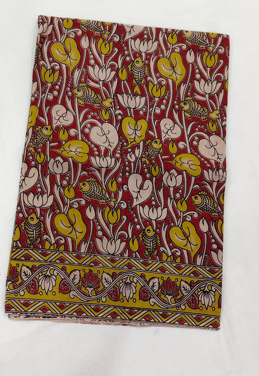 Crimson Lotus (Brick Red & Yellow Kalamkari Saree)