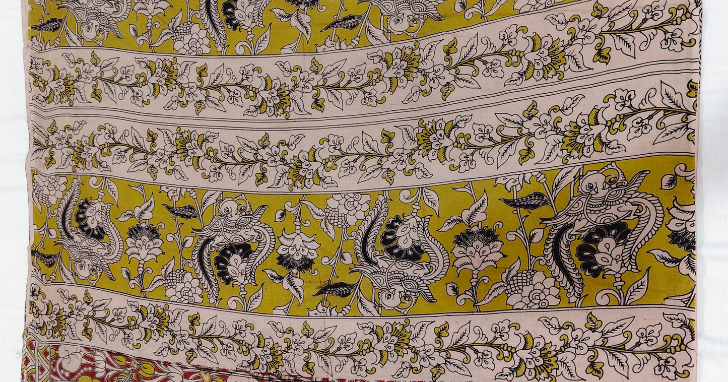 Crimson Lotus (Brick Red & Yellow Kalamkari Saree)