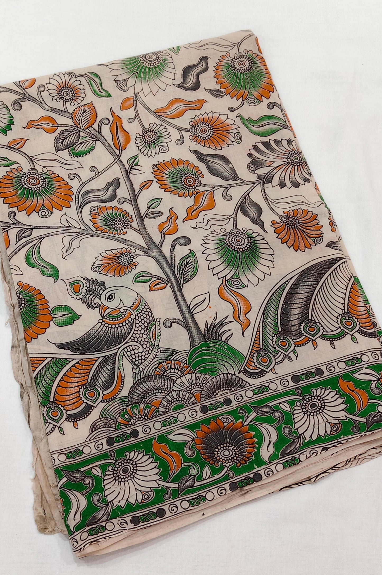 Kora-Phool (Beige & Green Kalamkari Saree)