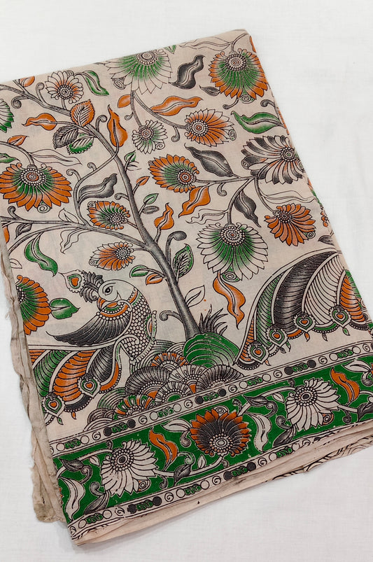 Kora-Phool (Beige & Green Kalamkari Saree)