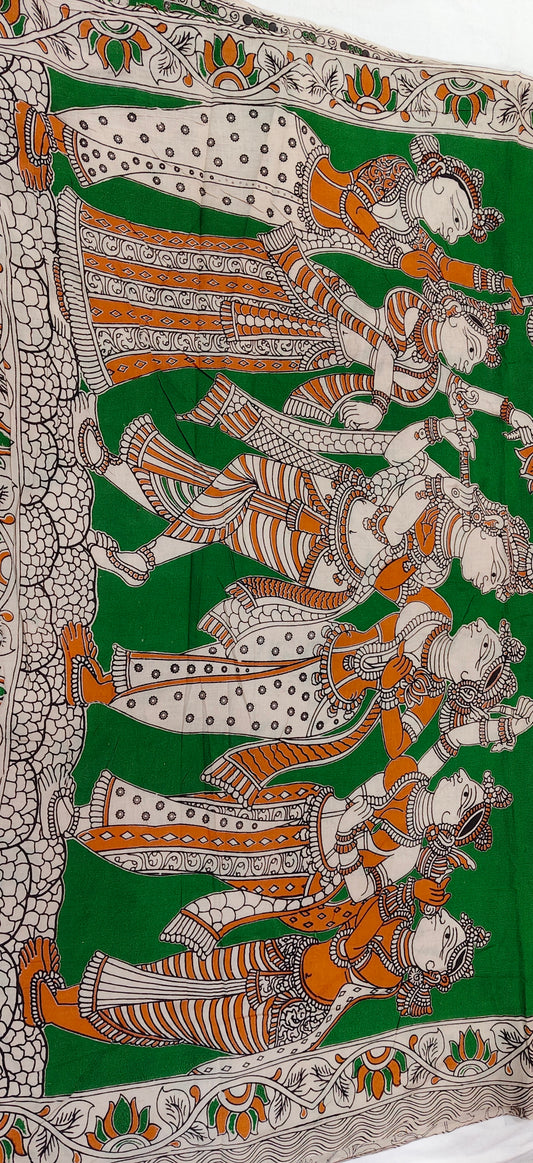 Kora-Phool (Beige & Green Kalamkari Saree)