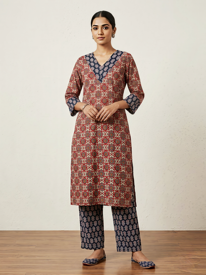 Earthy Floral- The Brown Ajrakh Kurta Set